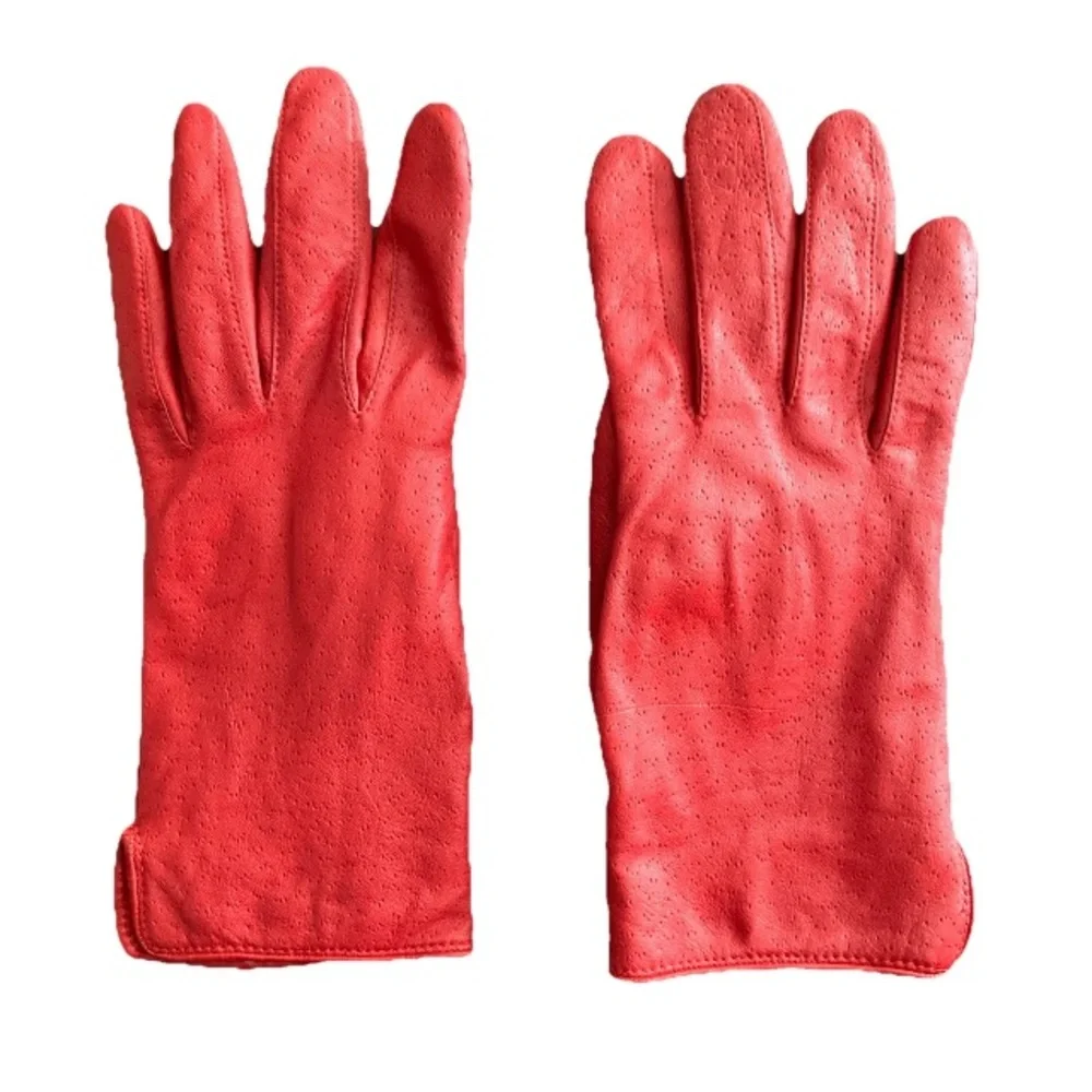 Vintage Red Perforated Leather Gloves Lined Women's Fall Winter M/ 7